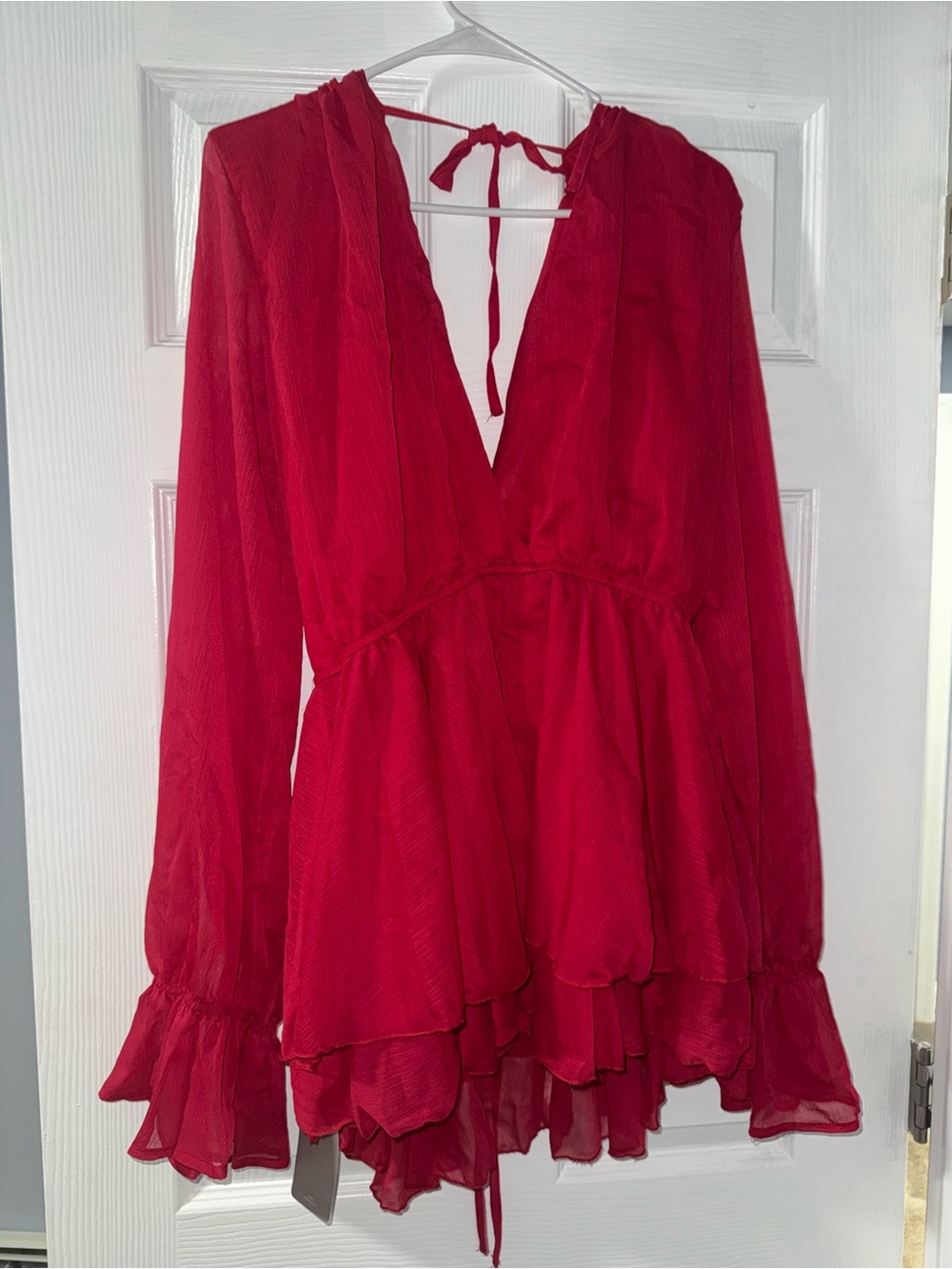 PrettyLittleThing Red Long Sleeve Deep V Ruffle Dress
